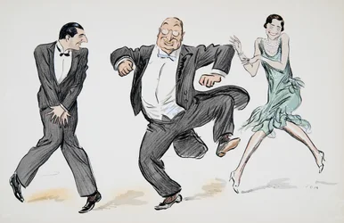 One gentleman in black tie, a further gentleman in white tie and tails, and a woman in a light green flapper dress and pearls dance the Charleston, from White Bottoms, pub. 1927
